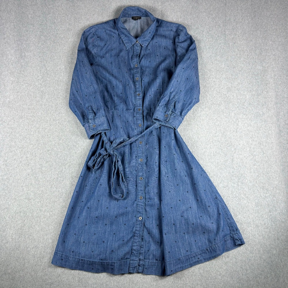Talbots | Dresses | Talbots Womens 8 Denim Chambray Polka Dot Shirt Dress Long Sleeve Tie Waist
